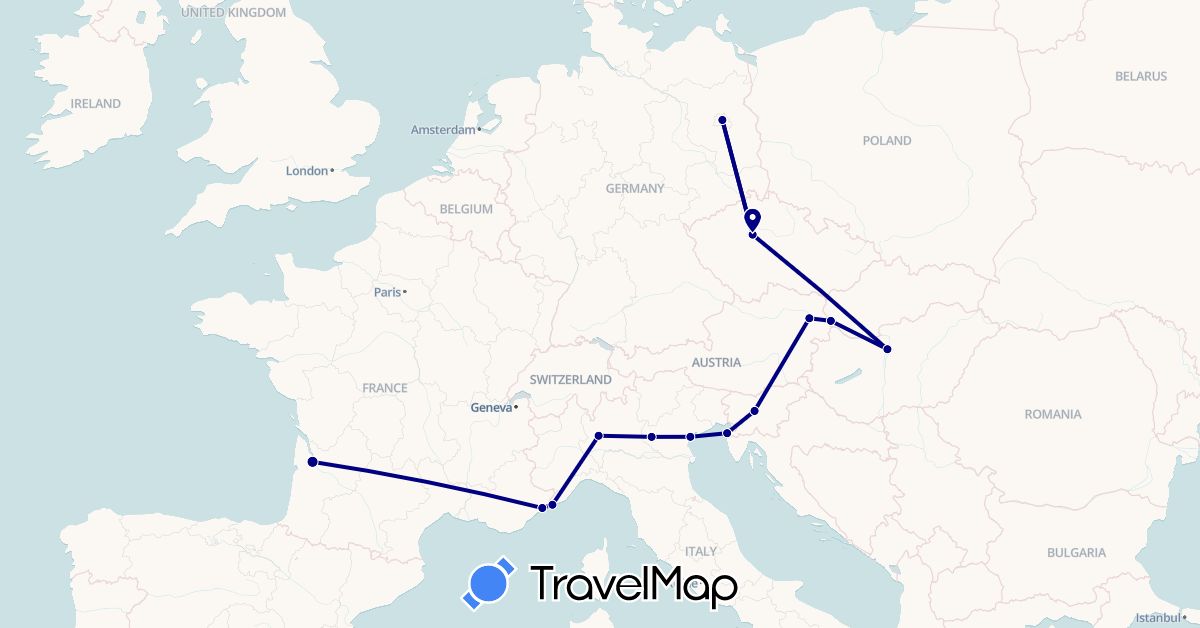 TravelMap itinerary: driving in Austria, Czech Republic, Germany, France, Hungary, Italy, Slovenia, Slovakia (Europe)